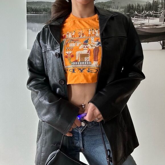 90s vintage reworked ray hem orange graphic tee cropped baby tee egypt spellout - Picture 1 of 3